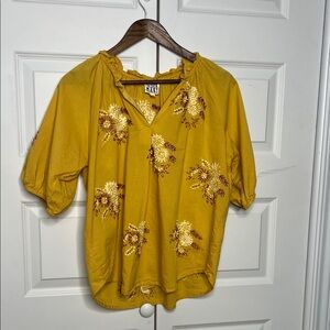 Sister Mary Embroidered Mustard Yellow Boho Top – Size Medium